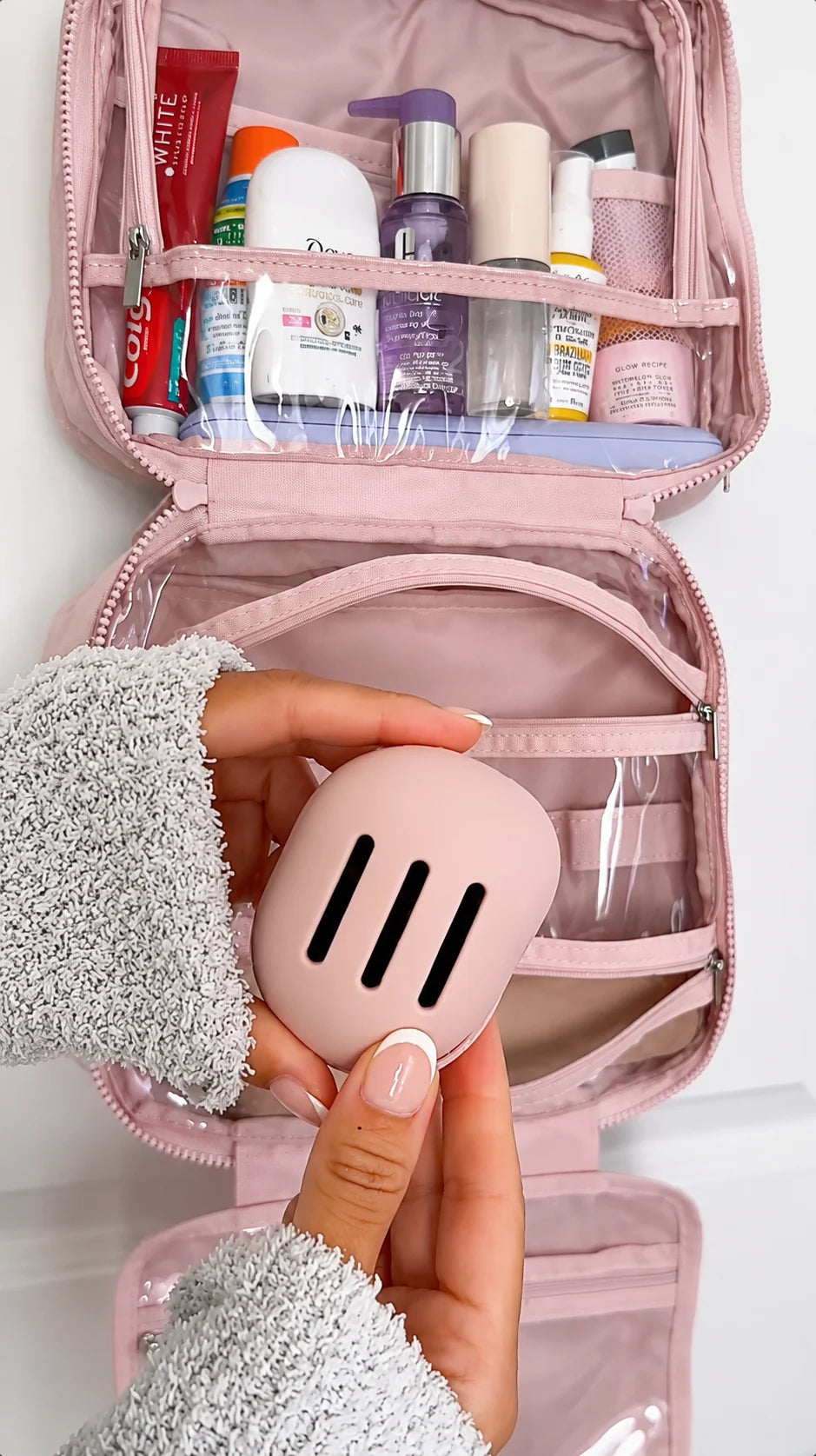 womens travel bag organizer pink with hanging hook jewellery compartment